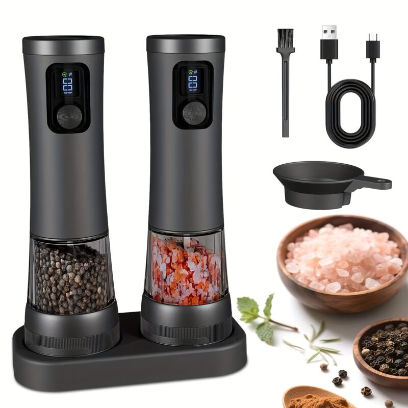 1pcu002F2pcs Automatic Electric Pepper & Salt Grinder – LED Display Stainless Steel Mill, External Coarseness Adjustment