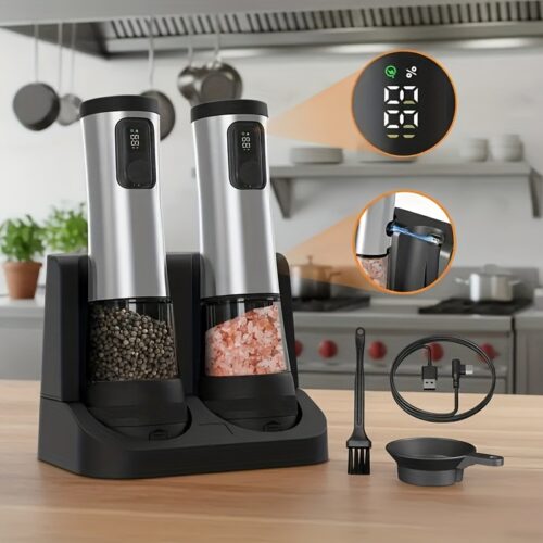 1pcu002F2pcs Automatic Electric Pepper & Salt Grinder – LED Display Stainless Steel Mill, External Coarseness Adjustment