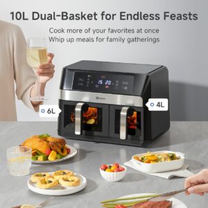 Simplus 10L Dual-Basket Air Fryer: Transparent Window + Clear LCD Display, 11 Predefined Settings, Perfect for Family Events