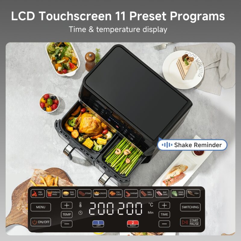 Simplus 10L Dual-Basket Air Fryer: Transparent Window + Clear LCD Display, 11 Predefined Settings, Perfect for Family Events