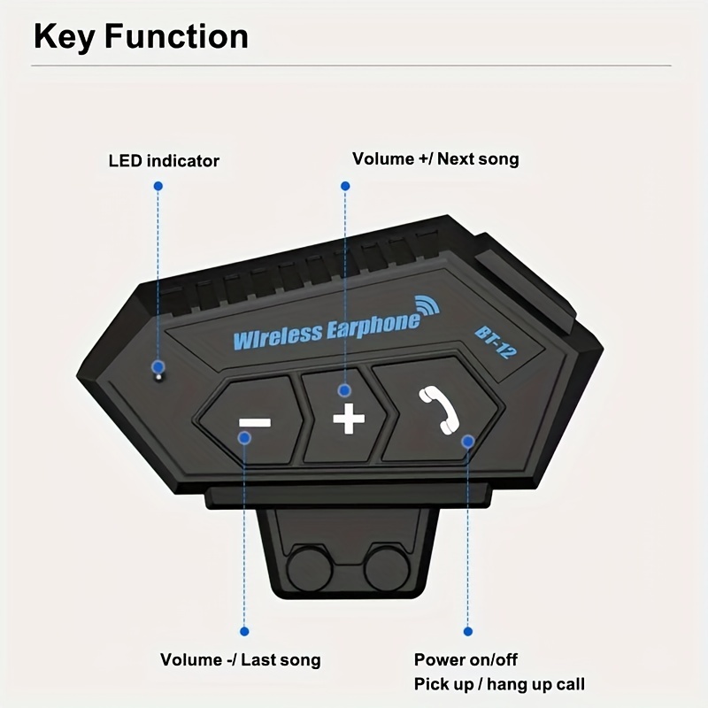 Wireless 12, Wireless Motorcycle Helmet Earphone Headset for Hands-Free Calls And Stereo Music Playback