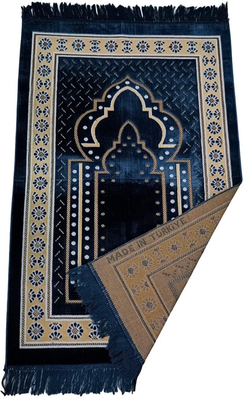Prayer Mat Rug for Muslim Men. Women or Kids. Portable Praying Mat and Prayer Beads Sets for Islamic Gifts – Muslim Prayer Rug For Ramadan. Umrah. Hajj - Turkish Rug for Meditation and Worship (BLUE)