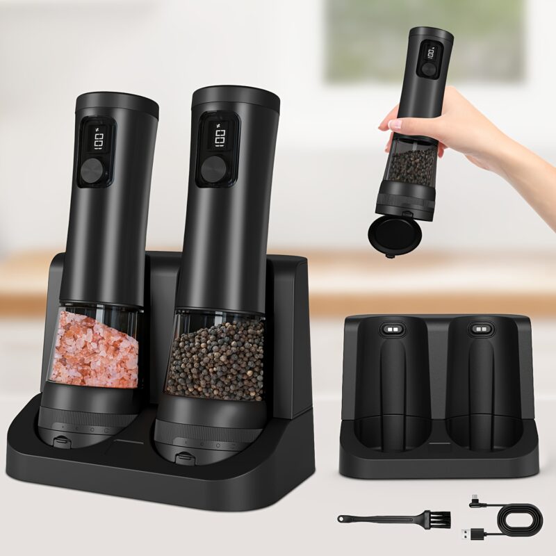 1pcu002F2pcs Automatic Electric Pepper & Salt Grinder – LED Display Stainless Steel Mill, External Coarseness Adjustment