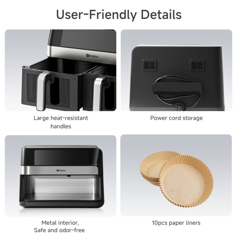 Simplus 10L Dual-Basket Air Fryer: Transparent Window + Clear LCD Display, 11 Predefined Settings, Perfect for Family Events