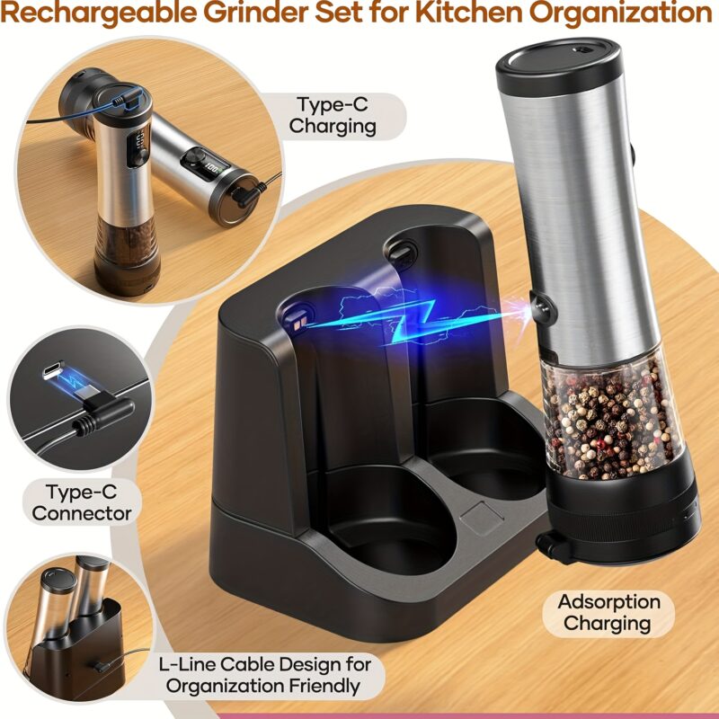 1pcu002F2pcs Automatic Electric Pepper & Salt Grinder – LED Display Stainless Steel Mill, External Coarseness Adjustment