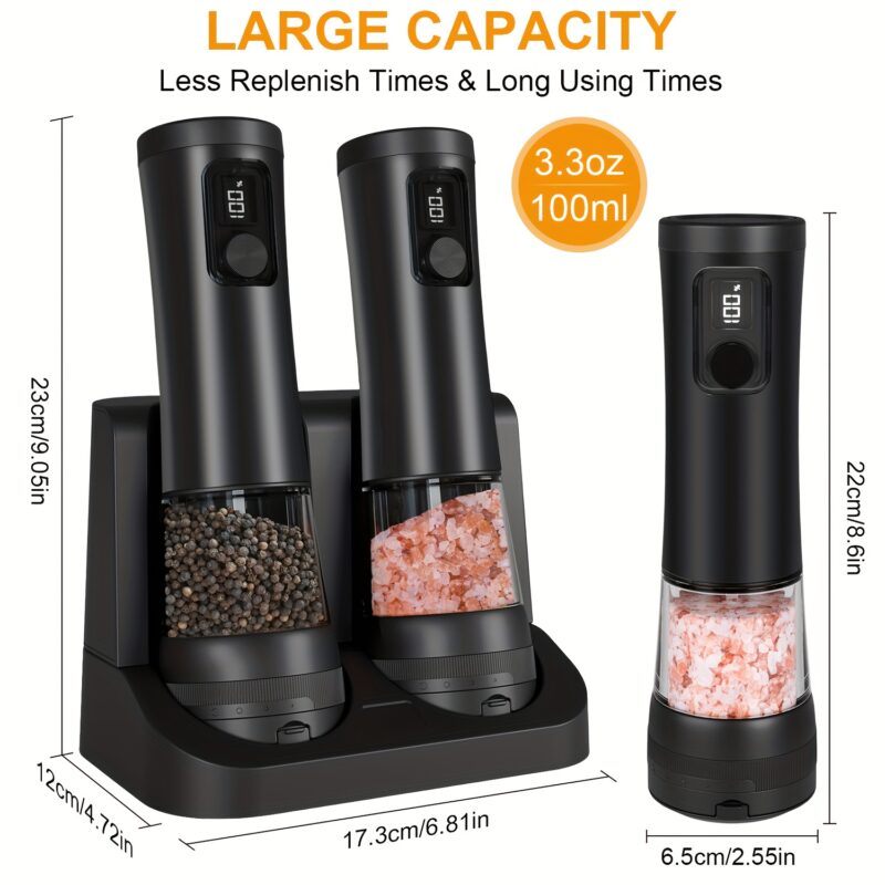 1pcu002F2pcs Automatic Electric Pepper & Salt Grinder – LED Display Stainless Steel Mill, External Coarseness Adjustment